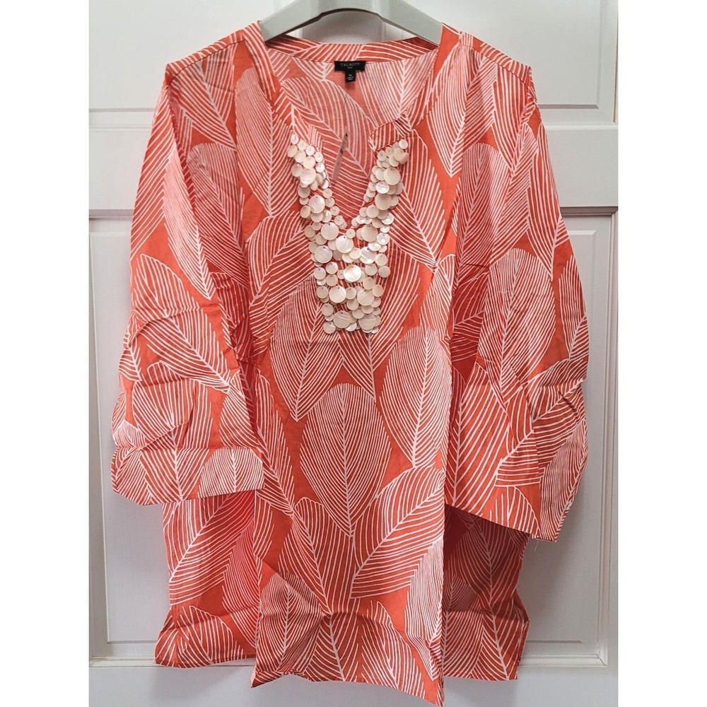 Talbots 3/4 Sleeves Cotton Blouse w/ MOP Mother of Pearl Shells -‎ Orange - 3XL